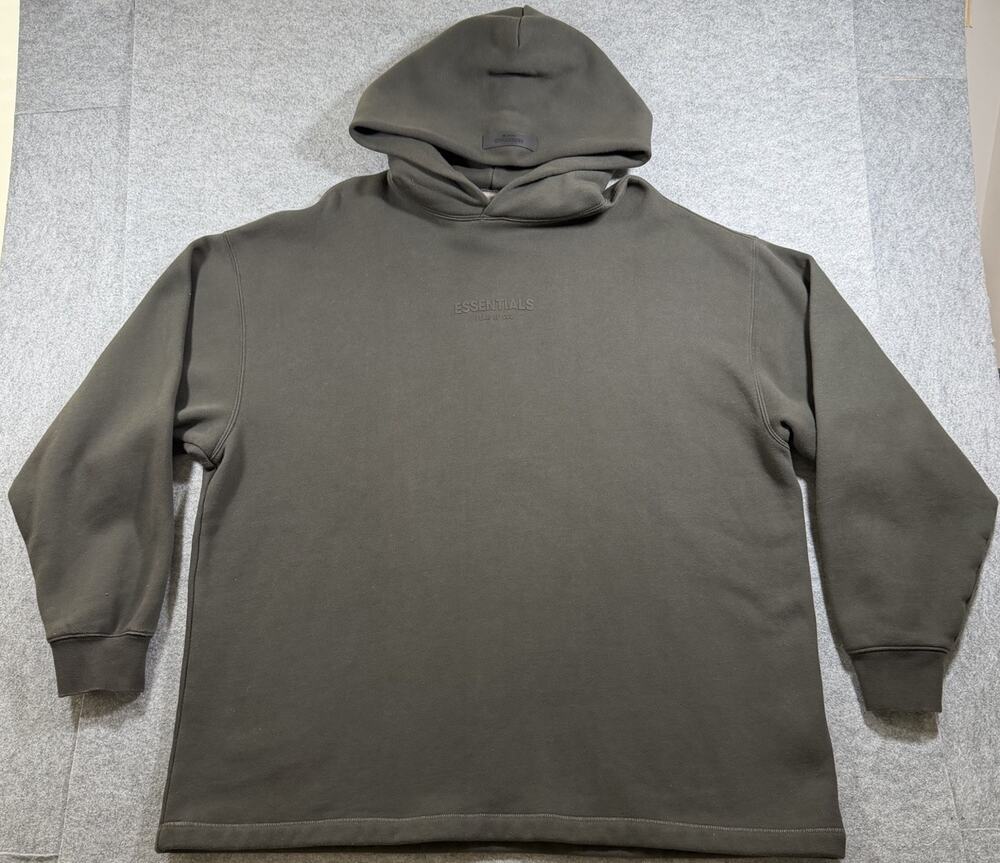 Fear of God Essentials Hoodie Mens L Fits 2XL Charcoal Olive Oversized Boxy EUC